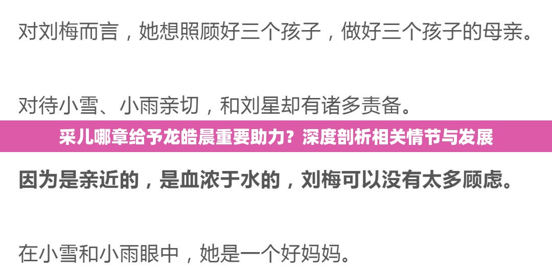 采儿哪章给予龙皓晨重要助力？深度剖析相关情节与发展